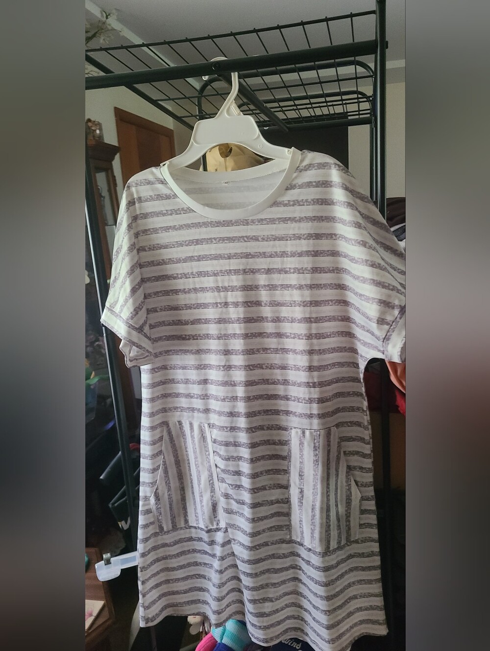 New Ladies Gray/white Silky Stripe Pocketed Above Knee Dress
